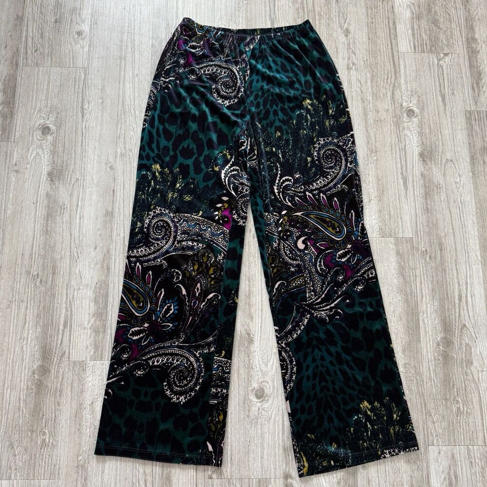 Sunny Taylor Velvet Paisley Straight Pants S Green Animal Print Festival Lounge